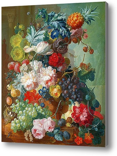Репродукция картины Натюрморт.Цветы и фрукты.. Картина маслом на холсте  Натюрморт.Цветы и фрукты.