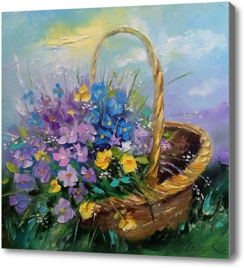 Репродукция картины Букет полевых цветов в корзинке. Картина маслом на  холсте Букет полевых цветов в корзинке