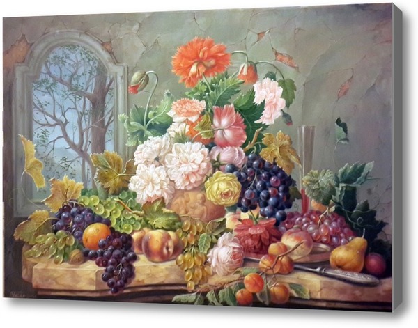 Репродукция картины цветы в вазе и фрукты. Картина маслом на холсте цветы  в вазе и фрукты