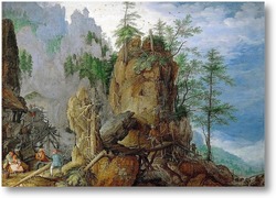 Картина Горный пейзаж с лесорубами