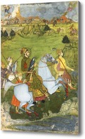 Картина Принц держит сокола и скачет галопом через скалистый пейзаж, Декан, Голконда