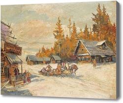 Картина Зимняя сцена с тройкой, зимой катание на санях