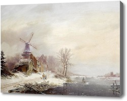 Картина Зимний пейзаж, мельница