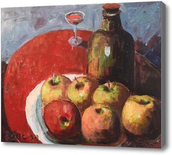 Картина Яблоки, вино и красная скатерть