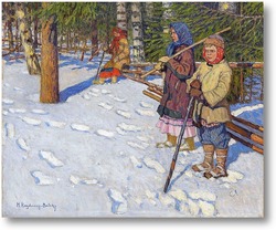 Картина Дети в зимнем лесу