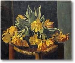 Картина Желтые тюльпаны на соломенном стуле