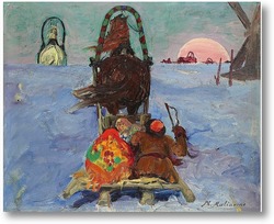 Картина Зимний пейзаж с санями
