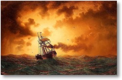 Картина Колесный пароход под вечерним солнцем