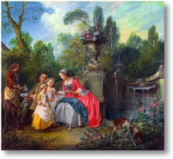 Купить картину Дама в саду,взявщая кофе,разговаривает с детьми