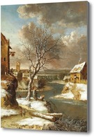 Картина Зимний пейзаж с фигуристами на замерзшей реке