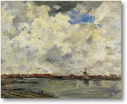 Картина Картина художника XIX века, поле, маяк