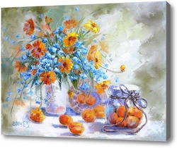 Картина Натюрморт с абрикосами и незабудками