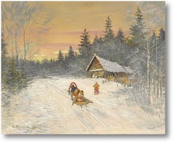 Картина Русская деревня под снегом