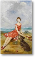 Картина Портрет молодой девушки с ее собакой на берегу моря