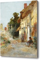 Картина Деревенская улица с женщиной, сидящей перед коттеджем.
