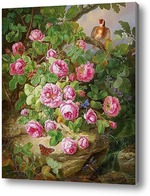 Картина Большие розы.Натюрморт с бабочками и птицами