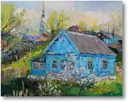 Картина весенний пейзаж с голубым домиком