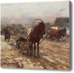 Картина Лошадь и повозка на деревенской улице