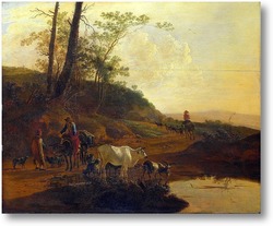 Картина Мужчины со стадом у водоёма