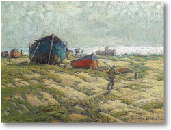 Картина Рыбаки и рыбацкие лодки на берегу