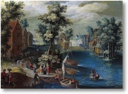Картина Речной пейзаж с лодками