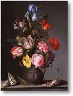 Картина Цветы в Вазе  с раковинами  и насекомыми