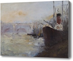 Картина Мост на реке, пароход