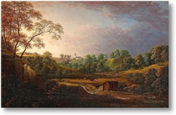 Картина Обширный пейзаж с водопадом, домашним скотом и церковью в фоново