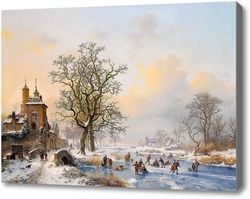Купить картину Зимний пейзаж с фигуристами в замке