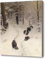 Картина Дикие кабаны в зимнем лесу