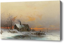 Картина Зимняя картина с коттеджем на реке