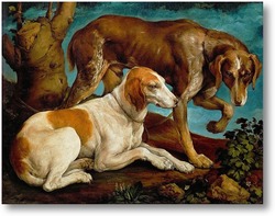 Картина Две охотничьи собаки, привязанные ко пню