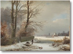 Купить картину Человек с санями в зимнем пейзаже