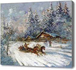 Картина Тройка лошадей скачущая по снегу