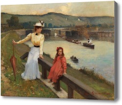 Картина Мать и дочь на берегу реки