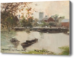 Картина Пейзаж с прудом и лодками