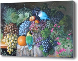 Купить картину Натюрморт с попугайчиками, ананасом и виноградом.