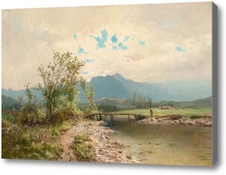 Картина Речной пейзаж с фигурой на мосту