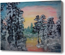 Картина зимний заат в лесу