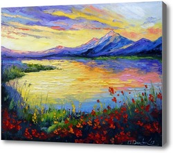Картина Маки на берегу  озера у гор