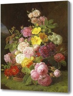 Картина Пионы,розы и другие цветы на выступе