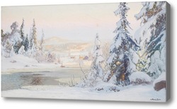 Купить картину Зимний пейзаж с видом на коттеджи