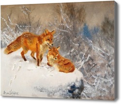 Картина Две лисы в зимний пейзаж