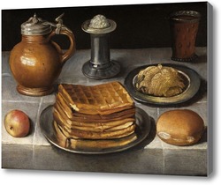 Картина Натюрморт с оловянными тарелками, каменной кружкой и вафлями