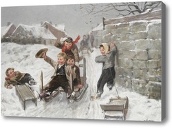 Картина Зимняя сцена с мальчиками на санках