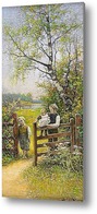 Картина Летний пейзаж с детьми у ворот