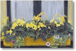 Картина Цветы в оконной коробке: желтые бегонии, незабудки и петунии