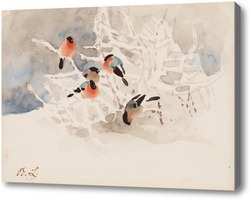 Картина Снегири в зимнем пейзаже