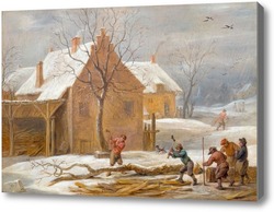 Картина Зимний пейзаж с видом на село с лесорубами