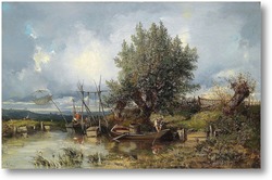 Картина Речной пейзаж с рыбаками